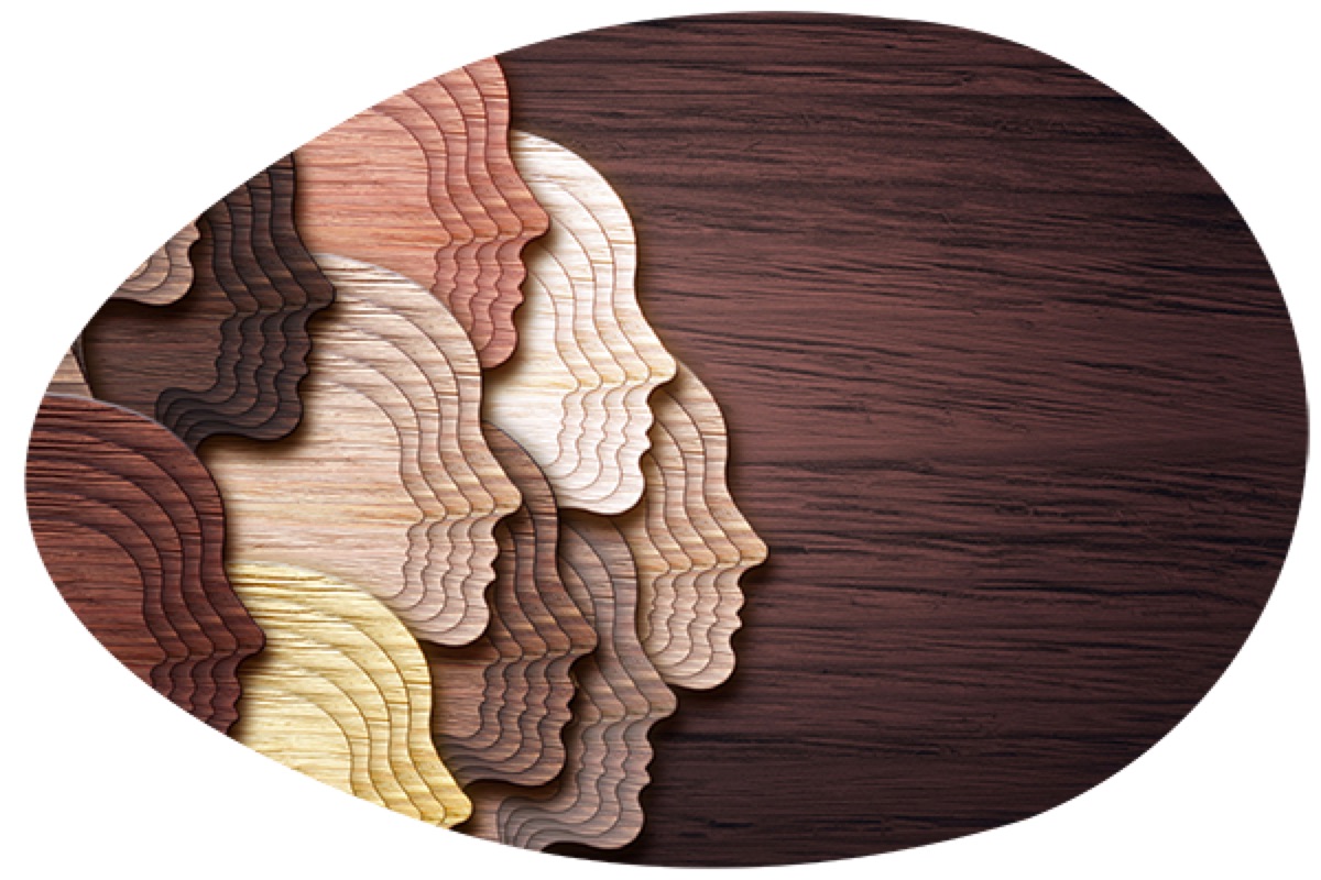 Layered wooden silhouettes of faces in different skin tones